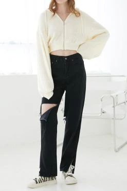 STORETS Ava Wide Leg Cutout Jeans In Black CLOTHING