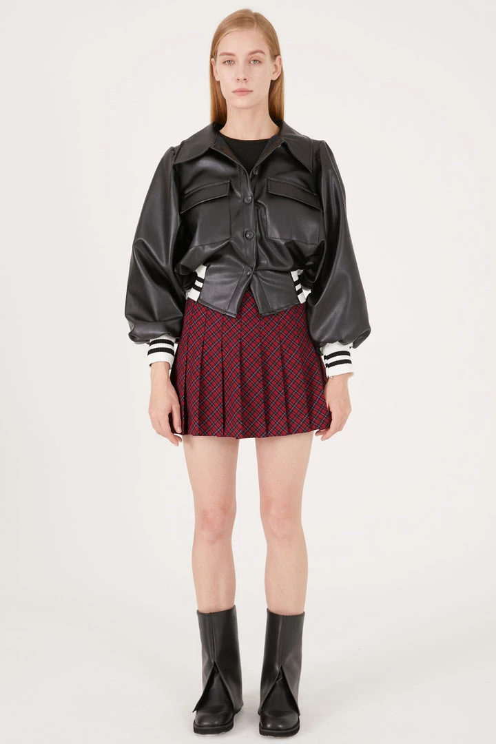 STORETS Andrea Faux Leather Crop Varsity Jacket