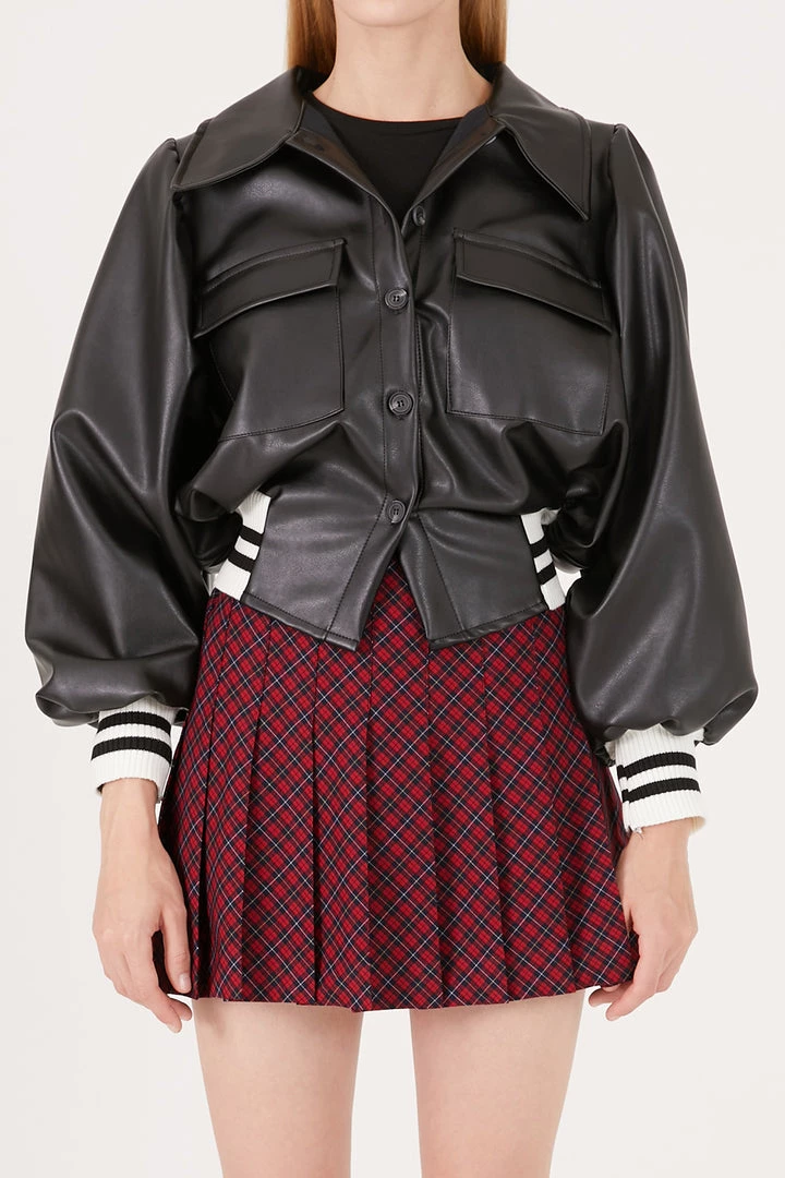STORETS Andrea Faux Leather Crop Varsity Jacket