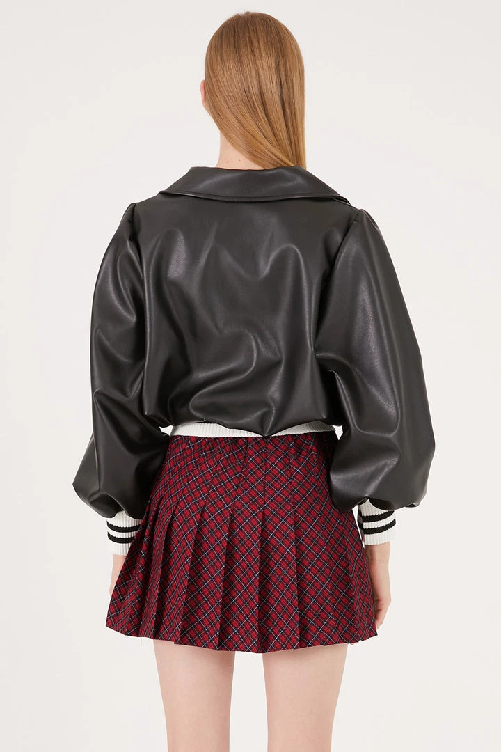 STORETS Andrea Faux Leather Crop Varsity Jacket