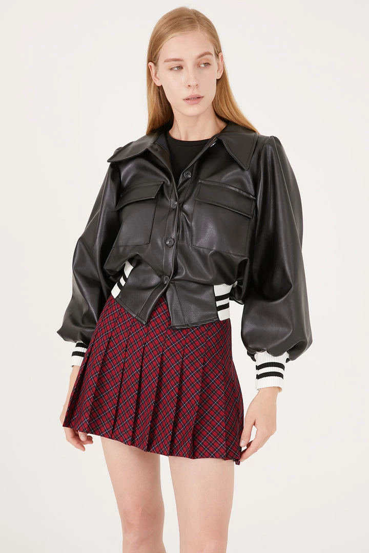 STORETS Andrea Faux Leather Crop Varsity Jacket