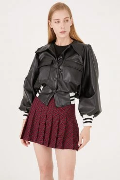 STORETS Andrea Faux Leather Crop Varsity Jacket