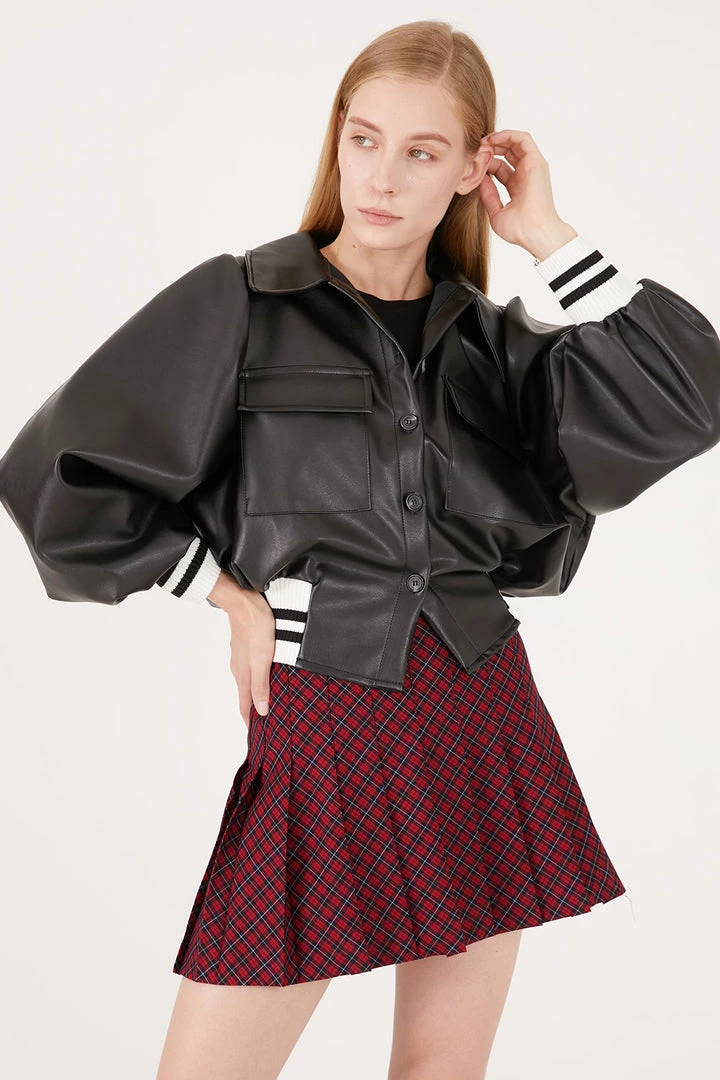 STORETS Andrea Faux Leather Crop Varsity Jacket