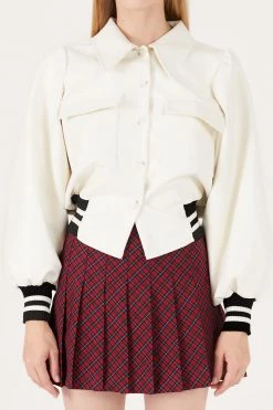 STORETS Andrea Faux Leather Crop Varsity Jacket
