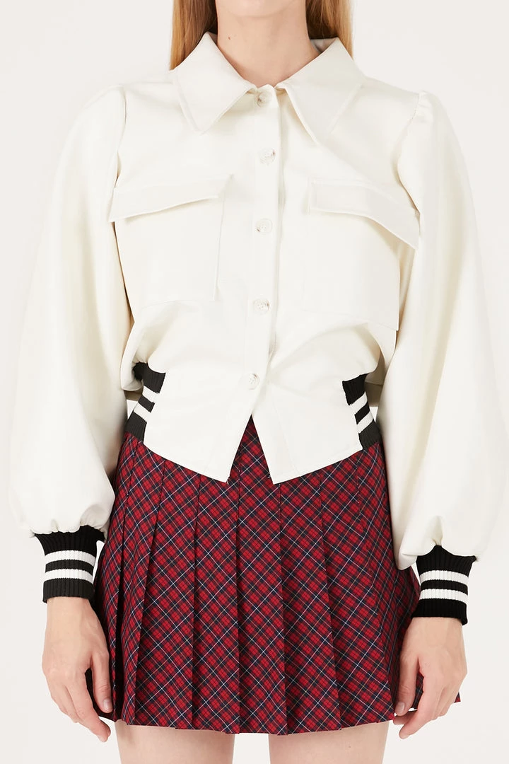 STORETS Andrea Faux Leather Crop Varsity Jacket