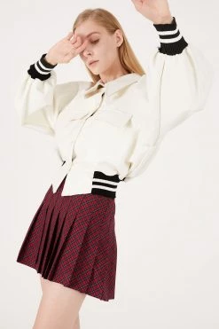 STORETS Andrea Faux Leather Crop Varsity Jacket