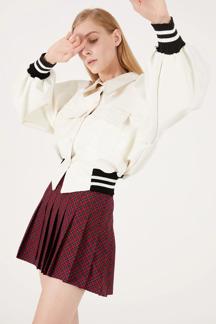 STORETS Andrea Faux Leather Crop Varsity Jacket