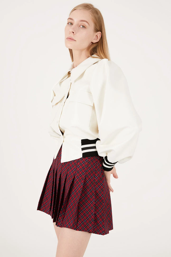 STORETS Andrea Faux Leather Crop Varsity Jacket