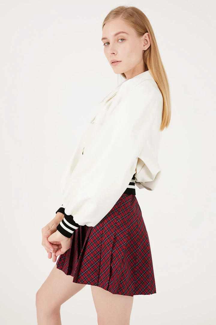 STORETS Andrea Faux Leather Crop Varsity Jacket