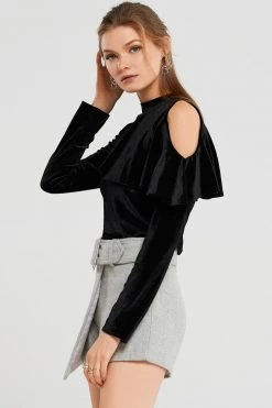 STORETS SALE CLOTHING Carmen Ruffle Cold Shoulder Velvet Top