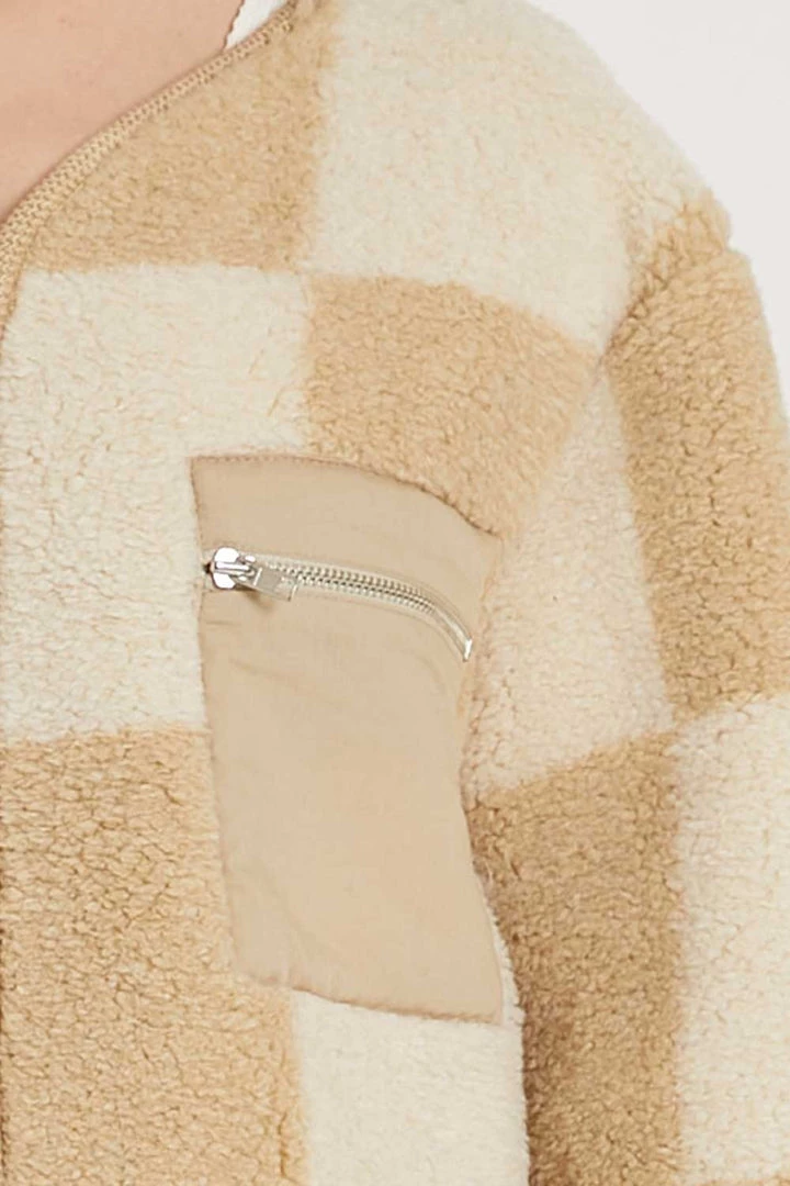 STORETS Vera Collarless Checkerboard Fleece Jacket CLOTHING