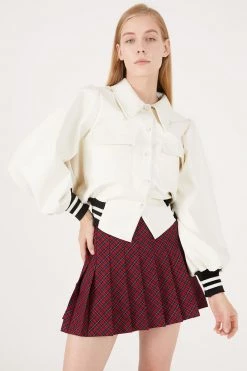 STORETS Andrea Faux Leather Crop Varsity Jacket